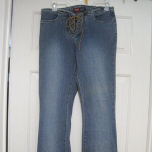 Younique Flared Brown Leather Lace Up Women's Size 7 Blue Jeans Denim Y2K 90s